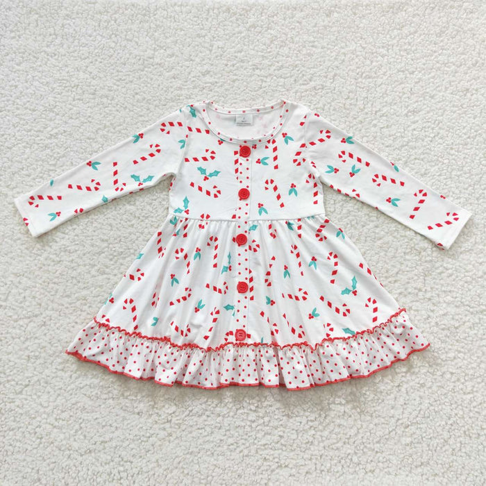 GLD0268 Candy Cane Holly Print Girls Christmas Knee Length Dress
