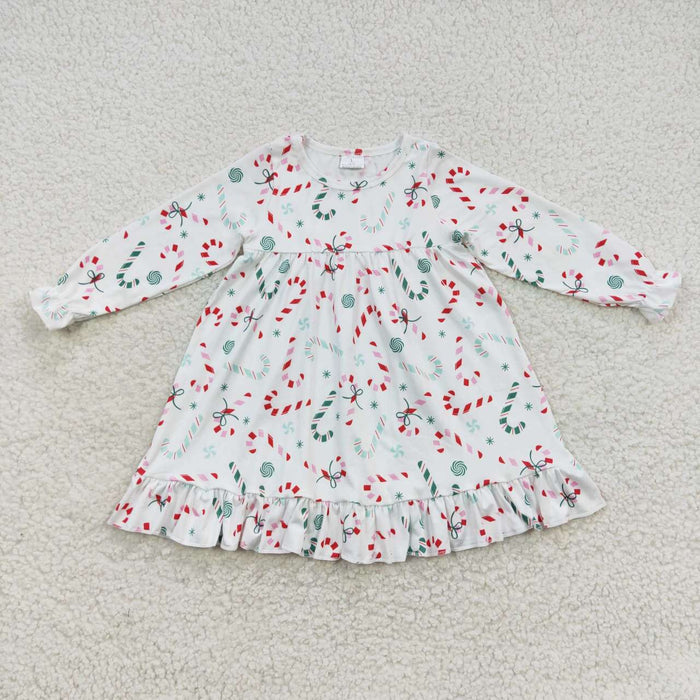 GLD0290 Candy Cane Bows Print Girls Christmas Knee Length Dress