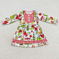 GLD0297 Green Frog Friends Print Girls Christmas Knee Length Dress