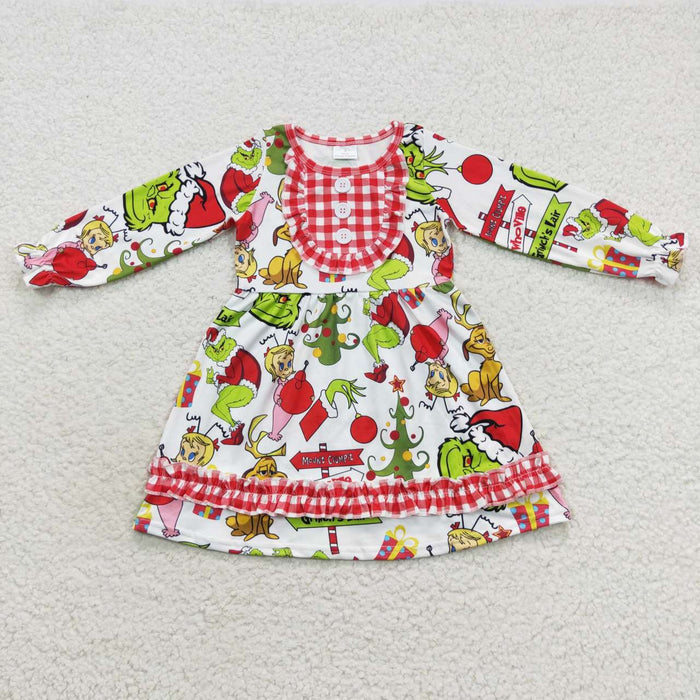 GLD0297 Green Frog Friends Print Girls Christmas Knee Length Dress