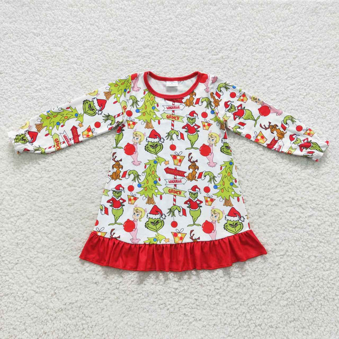 GLD0299 Green Frog Friends Print Girls Christmas Knee Length Dress
