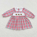 GLD0300 Holly Embroidery Checkered Print Girls Christmas Knee Length Smocked Dress