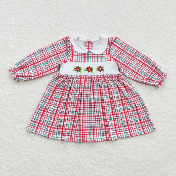 GLD0300 Holly Embroidery Checkered Print Girls Christmas Knee Length Smocked Dress