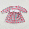 GLD0331 Santa Embroidery Checkered Print Girls Christmas Knee Length Smocked Dress