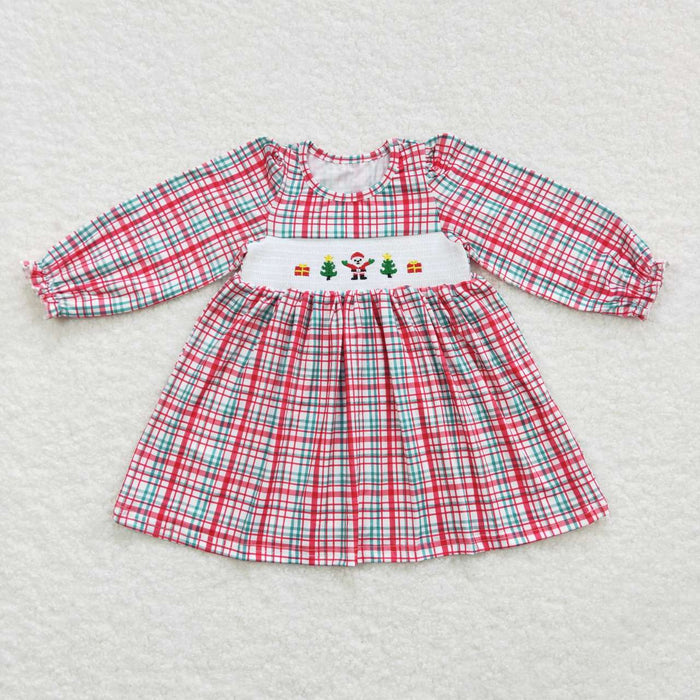 GLD0331 Santa Embroidery Checkered Print Girls Christmas Knee Length Smocked Dress