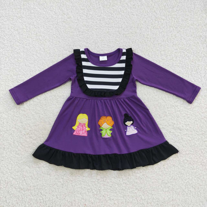 GLD0365 Witch Embroidery Purple Girls Halloween Knee Length Dress