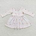 GLD0368 Deer Holly Print Pockets Girls Christmas Knee Length Dress