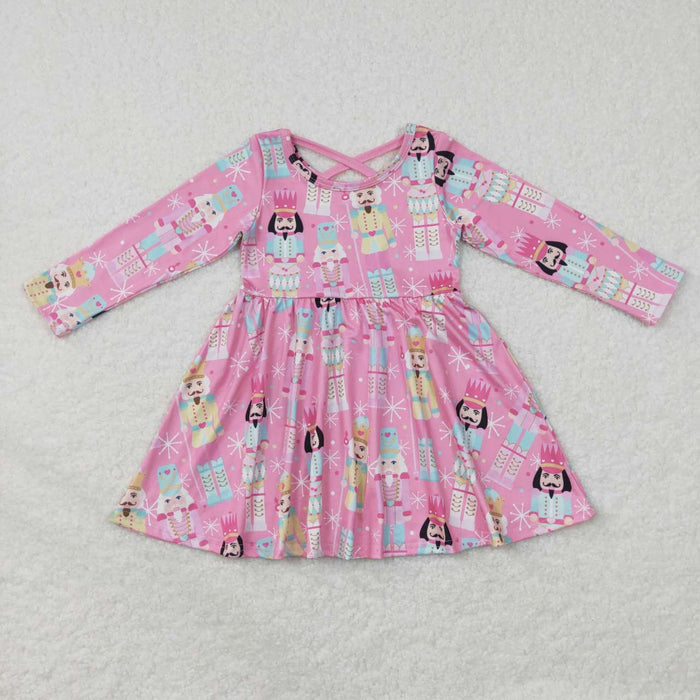 GLD0384 Nutcracke* Soldier Pink Print Girls Christmas Knee Length Dress