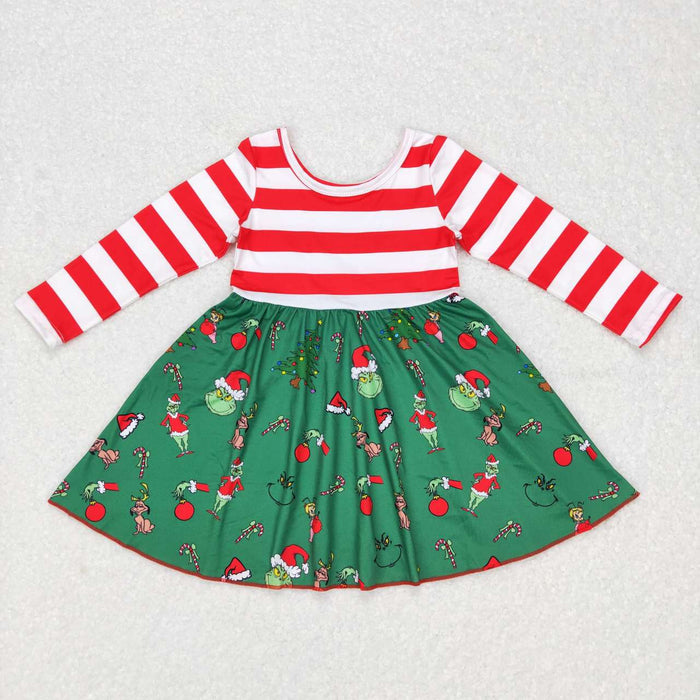 GLD0390 Green Frog Stripes Print Girls Christmas Knee Length Dress
