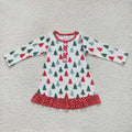 GLD0404 Tree Print Girls Christmas Knee Length Dress