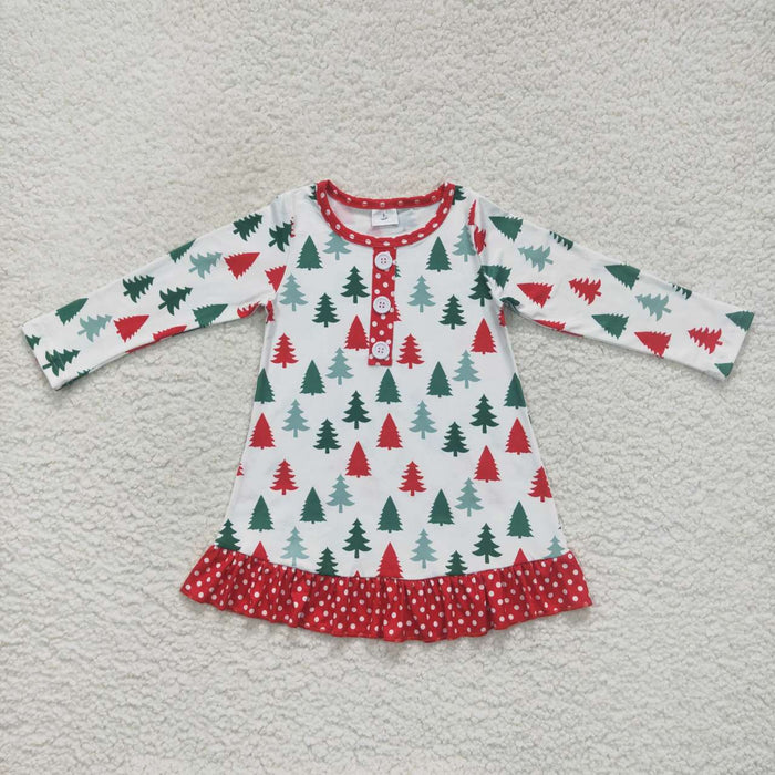 GLD0404 Tree Print Girls Christmas Knee Length Dress
