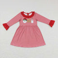 GLD0411 Santa Cookies Milk Embroidery Red Stripes Girls Christmas Knee Length Dress