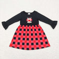 GLD0423 Deer Embroidery Red Checkered Girls Christmas Knee Length Dress