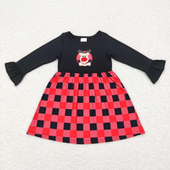 GLD0423 Deer Embroidery Red Checkered Girls Christmas Knee Length Dress