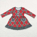 GLD0424 Checkered Dots Print Pockets Girls Christmas Knee Length Dress
