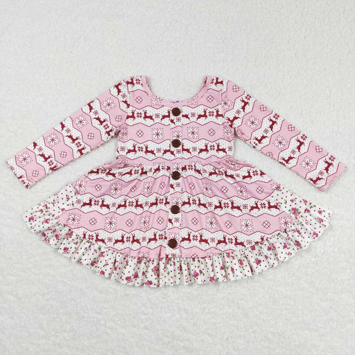 GLD0433 Deer Pink Small Flowers Print Girls Christmas Knee Length Dress