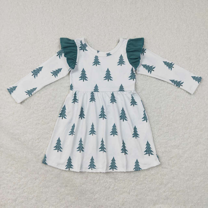 GLD0440 Tree Print Girls Christmas Knee Length Dress