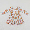 GLD0447 Candy House Print Ruffle Girls Christmas Knee Length Dress