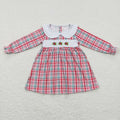 GLD0470 Holly Embroidery Checkered Girls Christmas Knee Length Dress