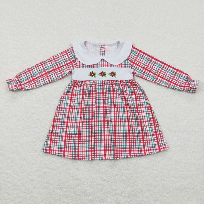 GLD0470 Holly Embroidery Checkered Girls Christmas Knee Length Dress
