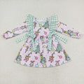 GLD0519 Green Frog Candy Cane Tree Print Girls Christmas Knee Length Dress