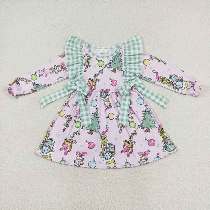GLD0519 Green Frog Candy Cane Tree Print Girls Christmas Knee Length Dress