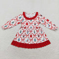 GLD0523 Candy Cane Tree Bows Print Girls Christmas Knee Length Ruffle Dress