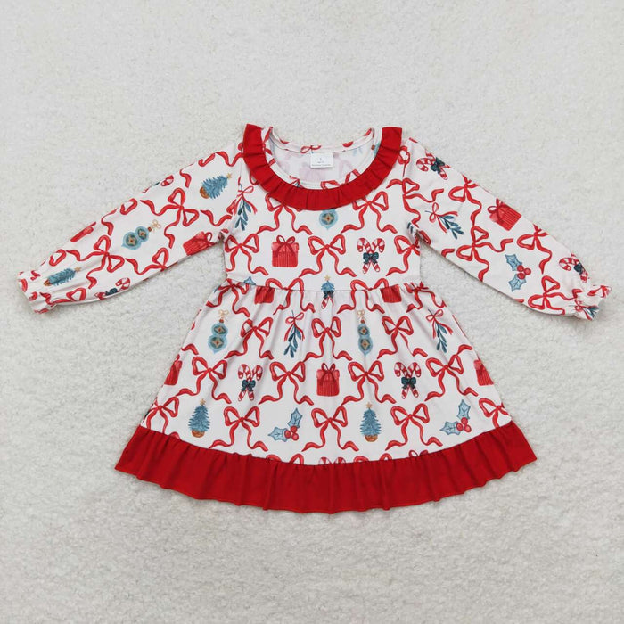 GLD0523 Candy Cane Tree Bows Print Girls Christmas Knee Length Ruffle Dress