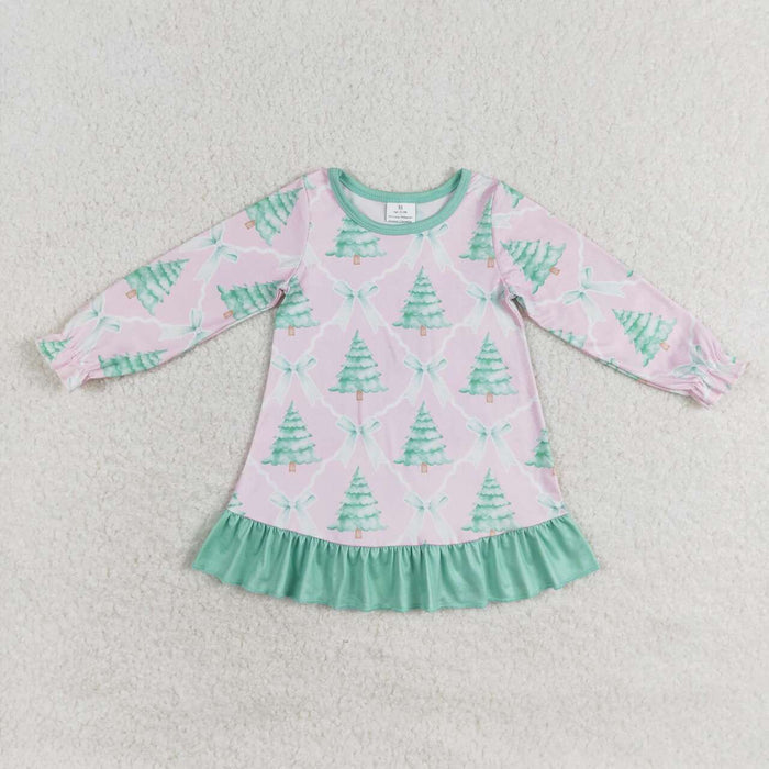 GLD0538 Tree Bows Print Girls Christmas Knee Length Ruffle Dress