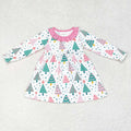GLD0540 Colorful Tree Print Girls Christmas Knee Length Dress