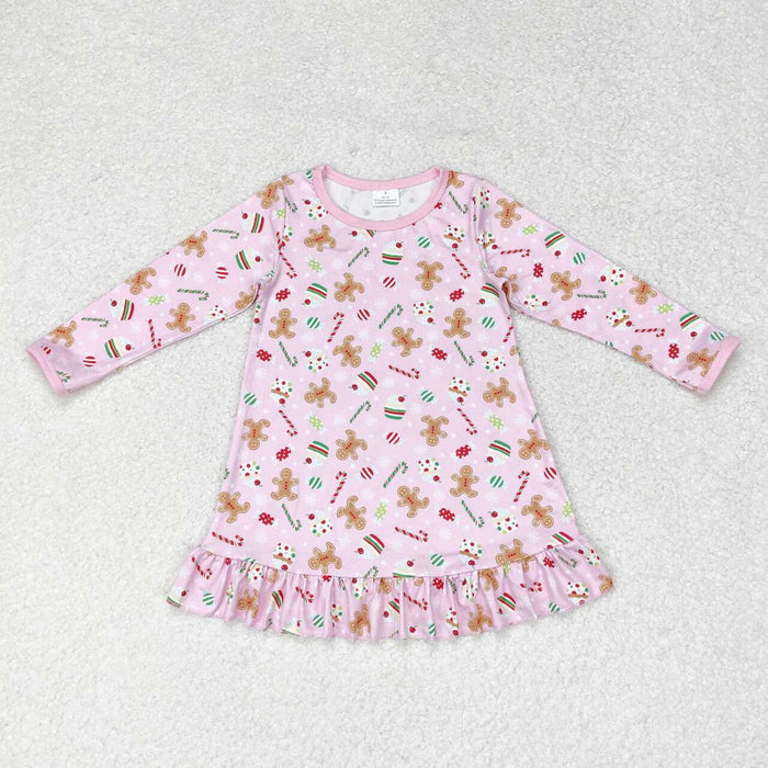 GLD0550 Gingerbread Candy Cane Cake Pink Print Girls Christmas Knee Length Dress