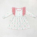 GLD0555 Tree Bows Print Girls Christmas Knee Length Dress