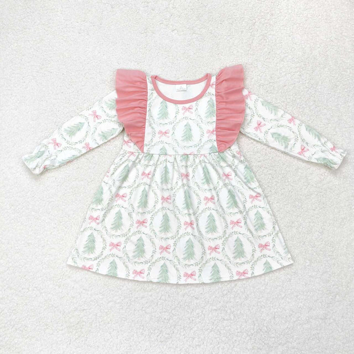 GLD0555 Tree Bows Print Girls Christmas Knee Length Dress