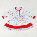 GLD0556 Gingerbread Santa Candy Cane Print Girls Christmas Knee Length Gown Ruffle Dress