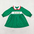 GLD0559 Tree Embroidery Green Cotton Girls Christmas Knee Length Smocked Dress