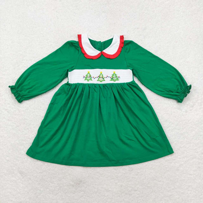 GLD0559 Tree Embroidery Green Cotton Girls Christmas Knee Length Smocked Dress