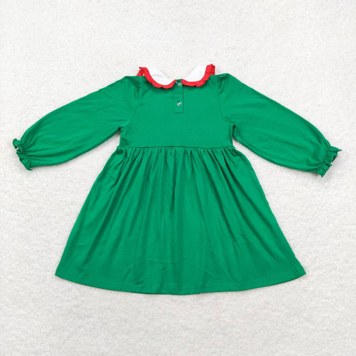 GLD0559 Tree Embroidery Green Cotton Girls Christmas Knee Length Smocked Dress