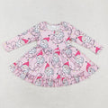 GLD0562 Santa Light Pink Print Girls Christmas Knee Length Ruffle Dress