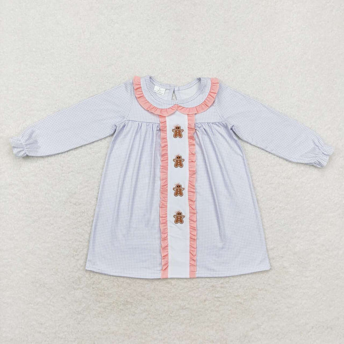GLD0571 Gingerbread Embroidery Checkered Print Girls Christmas Knee Length Dress