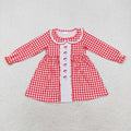 GLD0612 Santa Embroidery Checkered Print Girls Christmas Knee Length Ruffle Dress