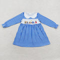 GLD0634 Nativity Blue Checkered Print Girls Christmas Knee Length Dress
