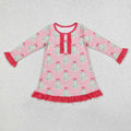 GLD0636 Tree Bows Pink Print Girls Christmas Knee Length Ruffle Dress