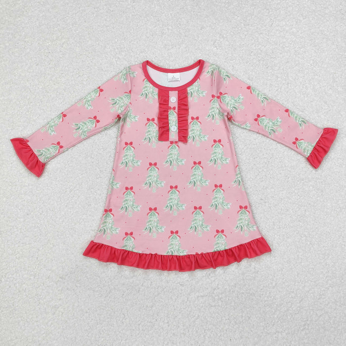 GLD0636 Tree Bows Pink Print Girls Christmas Knee Length Ruffle Dress