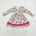 GLD0651 Green Frog Print Girls Christmas Knee Length Ruffle Dress