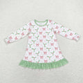 GLD0656 Holly Bows Print Girls Christmas Knee Length Ruffle Dress