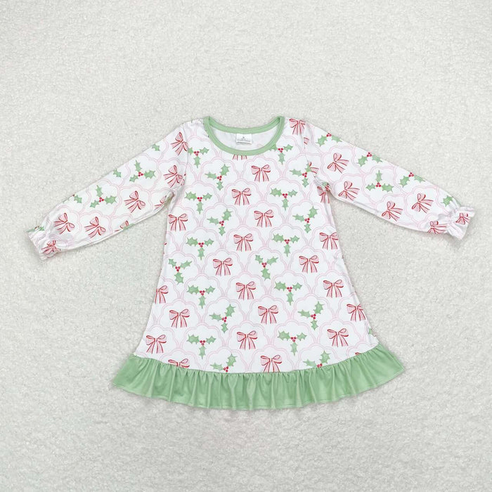 GLD0656 Holly Bows Print Girls Christmas Knee Length Ruffle Dress