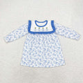 GLD0673 Tree Bows Blue Flowers Print Girls Christmas Knee Length Ruffle Dress