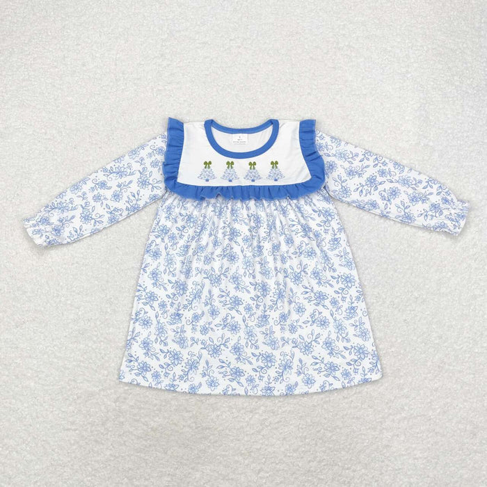 GLD0673 Tree Bows Blue Flowers Print Girls Christmas Knee Length Ruffle Dress