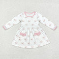 GLD0689 Santa Pink Print Pockets Girls Christmas Knee Length Dress