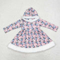 GLD0724 Cartoon Dog Print White Fur Edge Girls Christmas Knee Length Hoodie Dress
